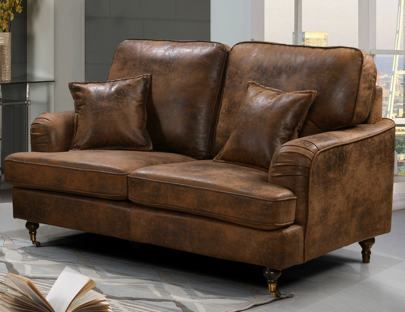 Faux Leather Suede Brown 2 Seater Astbury Bella Sofa with Plain Cushions